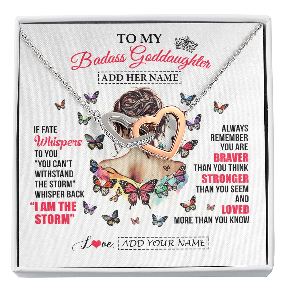 Interlocking Hearts Necklace Stainless Steel & Rose Gold Finish | 1 | Personalized To My Badass Goddaughter From Uncle Aunt Necklace I Am The Storm Goddaughter Gifts Birthday Graduation Christmas Custom Gift Box Message Card | https://siriusteestore.