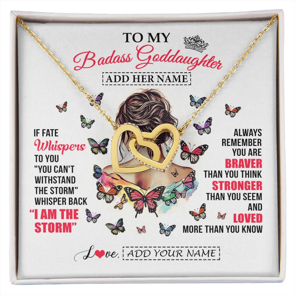 Interlocking Hearts Necklace 18K Yellow Gold Finish | 1 | Personalized To My Badass Goddaughter From Uncle Aunt Necklace I Am The Storm Goddaughter Gifts Birthday Graduation Christmas Custom Gift Box Message Card | https://siriusteestore.