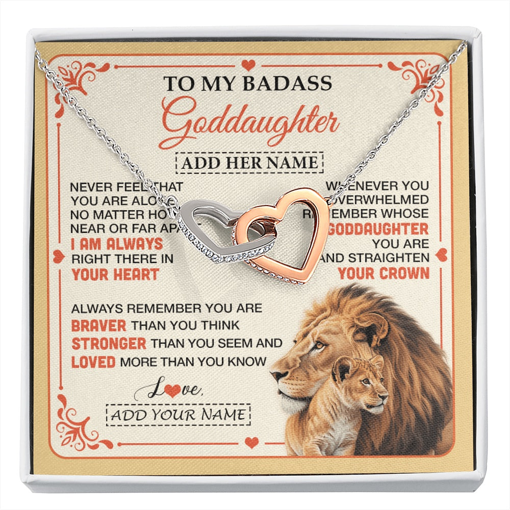 Interlocking Hearts Necklace Stainless Steel & Rose Gold Finish | 1 | Personalized To My Badass Goddaughter Gifts From Godmother Necklace Lion Jewelry Gifts Present Ideas For Goddaughter Birthday Christmas Gift Box Message Card | https://siriusteestore.