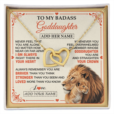 Interlocking Hearts Necklace 18K Yellow Gold Finish | 1 | Personalized To My Badass Goddaughter Gifts From Godmother Necklace Lion Jewelry Gifts Present Ideas For Goddaughter Birthday Christmas Gift Box Message Card | https://siriusteestore.