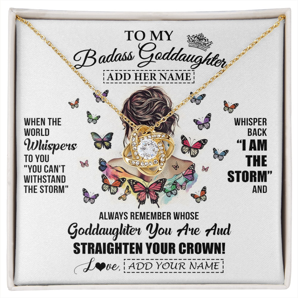 Love Knot Necklace 18K Yellow Gold Finish | 1 | Personalized To My Badass Goddaughter I Am The Storm Necklace From Godmother Beautiful Goddaughter Birthday Gifts Graduation Christmas Gift Box Message Card | https://siriusteestore.