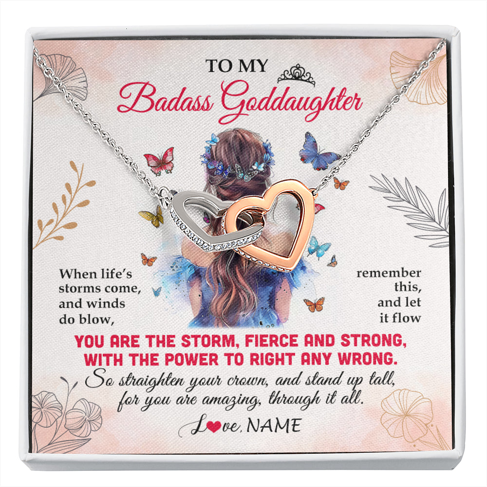 Interlocking Hearts Necklace Stainless Steel & Rose Gold Finish | 1 | Personalized To My Badass Goddaughter Necklace From Aunt Floral Butterfly Goddaughter Birthday Gifts Graduation Christmas Customized Gift Box Message Card | siriusteestore