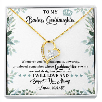 Forever Love Necklace 18K Yellow Gold Finish | 1 | Personalized To My Badass Goddaughter Necklace From Aunt Uncle Straighten Your Crown Goddaughter Birthday Graduation Christmas Customized Gift Box Message Card | siriusteestore