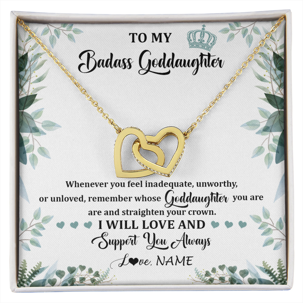 Interlocking Hearts Necklace 18K Yellow Gold Finish | 1 | Personalized To My Badass Goddaughter Necklace From Aunt Uncle Straighten Your Crown Goddaughter Birthday Graduation Christmas Customized Gift Box Message Card | siriusteestore