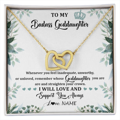Interlocking Hearts Necklace 18K Yellow Gold Finish | 1 | Personalized To My Badass Goddaughter Necklace From Aunt Uncle Straighten Your Crown Goddaughter Birthday Graduation Christmas Customized Gift Box Message Card | siriusteestore