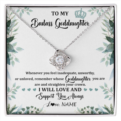 Love Knot Necklace 14K White Gold Finish | 1 | Personalized To My Badass Goddaughter Necklace From Aunt Uncle Straighten Your Crown Goddaughter Birthday Graduation Christmas Customized Gift Box Message Card | siriusteestore