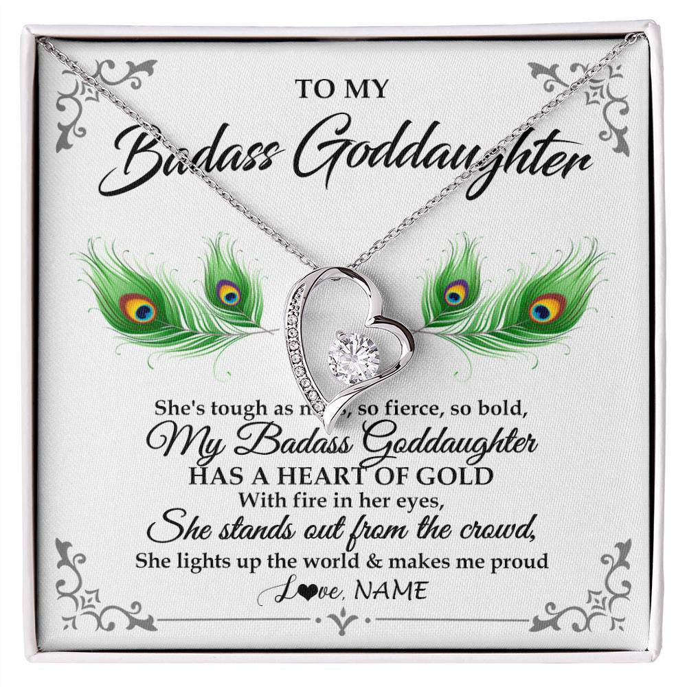 Forever Love Necklace 14K White Gold Finish | 1 | Personalized To My Badass Goddaughter Necklace From Godmother Love You Always Goddaughter Birthday Graduation Christmas Customized Gift Box Message Card | siriusteestore