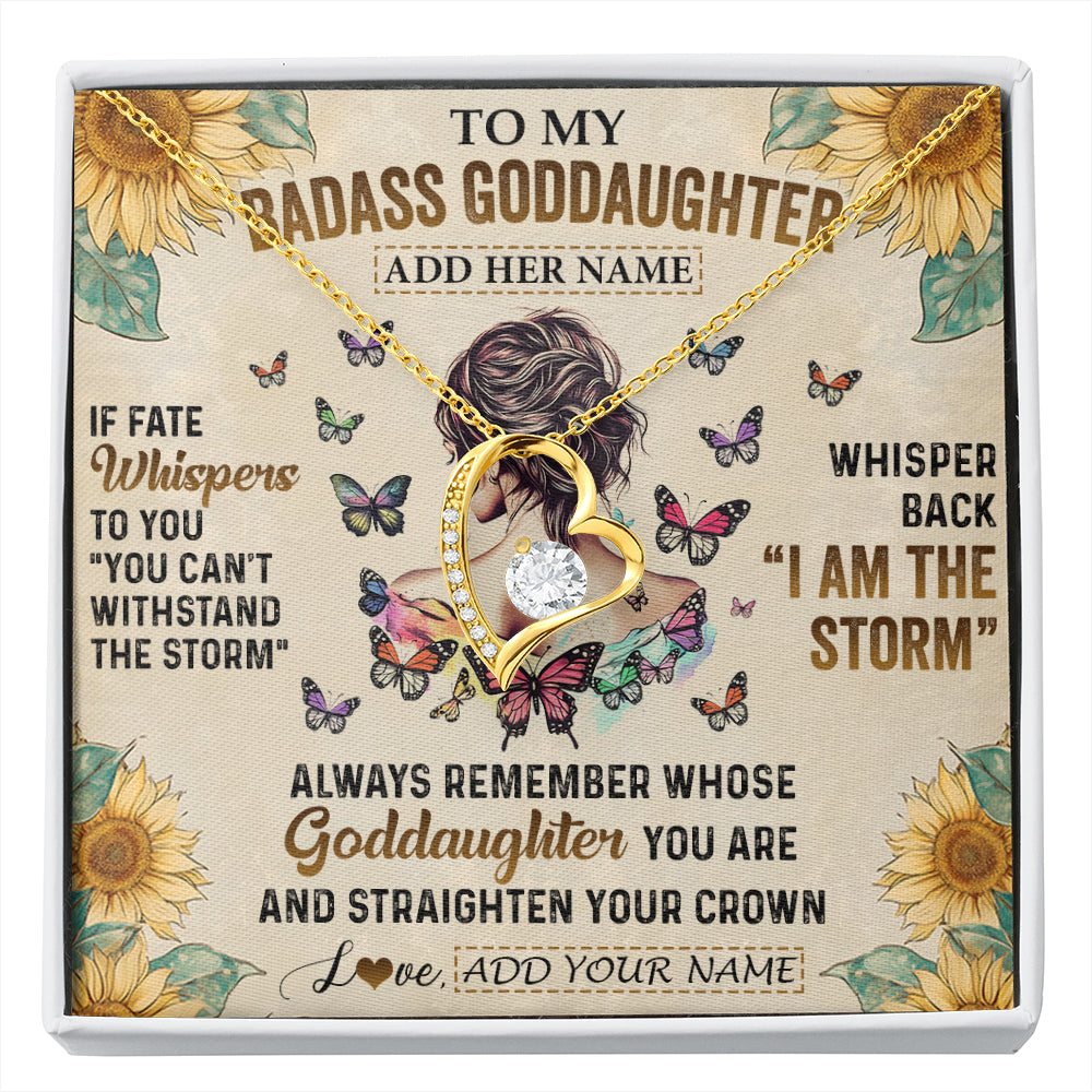 Forever Love Necklace 18K Yellow Gold Finish | 1 | Personalized To My Badass Goddaughter Necklace From Uncle Aunt I Am The Storm Goddaughter Gifts Birthday Graduation Christmas Customized Gift Box Message Card | siriusteestore