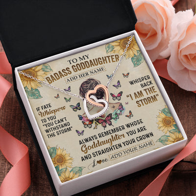 Interlocking Hearts Necklace Stainless Steel & Rose Gold Finish | 2 | Personalized To My Badass Goddaughter Necklace From Uncle Aunt I Am The Storm Goddaughter Gifts Birthday Graduation Christmas Customized Gift Box Message Card | siriusteestore