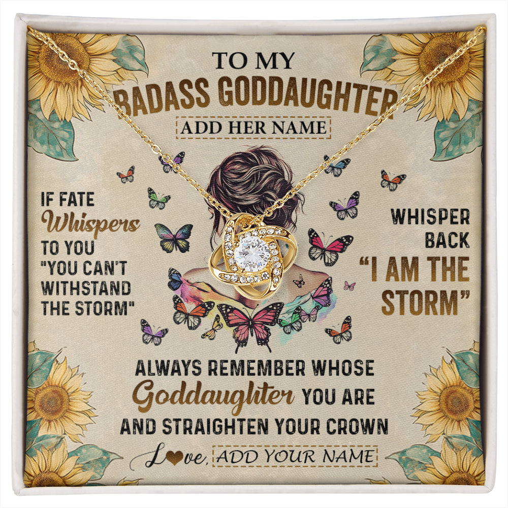 Love Knot Necklace 18K Yellow Gold Finish | 1 | Personalized To My Badass Goddaughter Necklace From Uncle Aunt I Am The Storm Goddaughter Gifts Birthday Graduation Christmas Customized Gift Box Message Card | siriusteestore