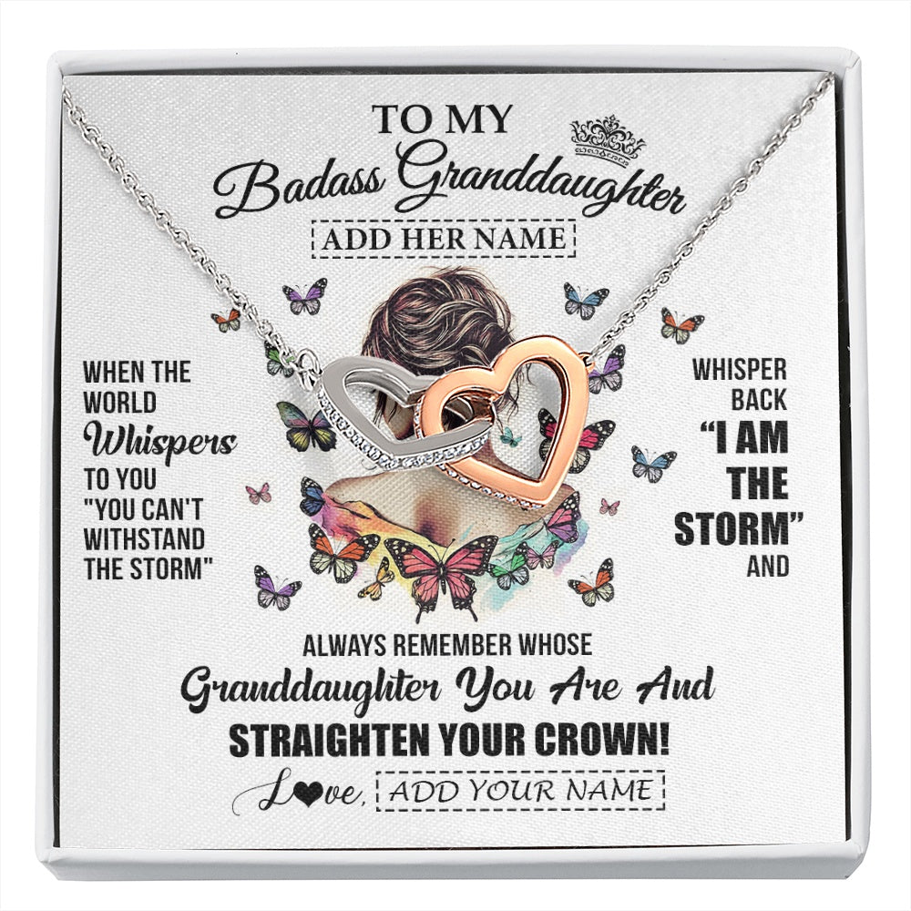 Interlocking Hearts Necklace Stainless Steel & Rose Gold Finish | 1 | Personalized To My Badass Granddaughter I Am The Storm Necklace From Grandpa Papa Beautiful Granddaughter Birthday Gifts Christmas Gift Box Message Card | https://siriusteestore.