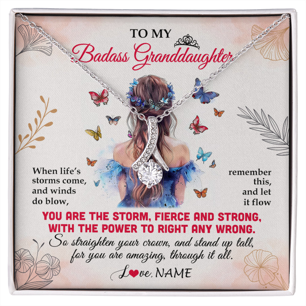 Alluring Beauty Necklace 14K White Gold Finish | 1 | Personalized To My Badass Granddaughter Necklace From Grandma Grandpa Floral Butterfly Granddaughter Birthday Gifts Christmas Customized Gift Box Message Card | siriusteestore