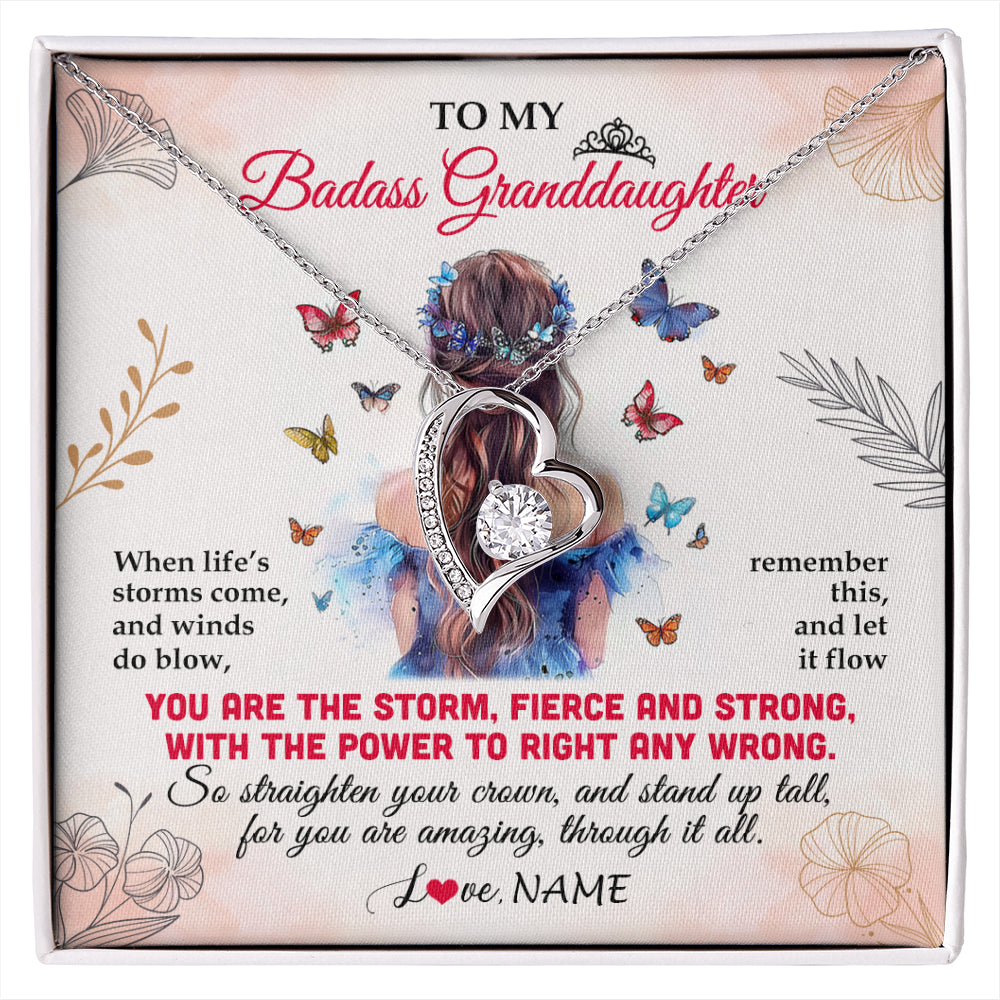 Forever Love Necklace 14K White Gold Finish | 1 | Personalized To My Badass Granddaughter Necklace From Grandma Grandpa Floral Butterfly Granddaughter Birthday Gifts Christmas Customized Gift Box Message Card | siriusteestore