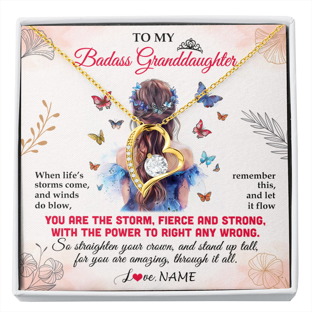 Forever Love Necklace 18K Yellow Gold Finish | 1 | Personalized To My Badass Granddaughter Necklace From Grandma Grandpa Floral Butterfly Granddaughter Birthday Gifts Christmas Customized Gift Box Message Card | siriusteestore