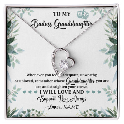 Forever Love Necklace 14K White Gold Finish | 1 | Personalized To My Badass Granddaughter Necklace From Grandma Grandpa Straighten Your Crown Granddaughter Birthday Christmas Customized Gift Box Message Card | siriusteestore