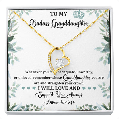 Forever Love Necklace 18K Yellow Gold Finish | 1 | Personalized To My Badass Granddaughter Necklace From Grandma Grandpa Straighten Your Crown Granddaughter Birthday Christmas Customized Gift Box Message Card | siriusteestore