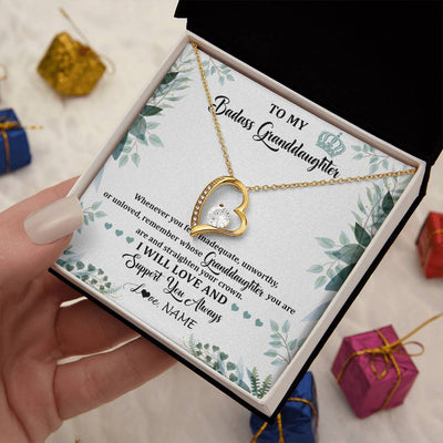 Forever Love Necklace 18K Yellow Gold Finish | 2 | Personalized To My Badass Granddaughter Necklace From Grandma Grandpa Straighten Your Crown Granddaughter Birthday Christmas Customized Gift Box Message Card | siriusteestore