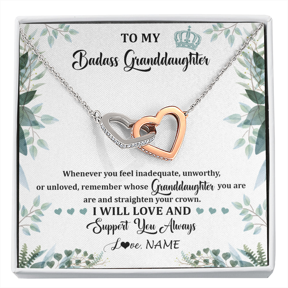 Interlocking Hearts Necklace Stainless Steel & Rose Gold Finish | 1 | Personalized To My Badass Granddaughter Necklace From Grandma Grandpa Straighten Your Crown Granddaughter Birthday Christmas Customized Gift Box Message Card | siriusteestore