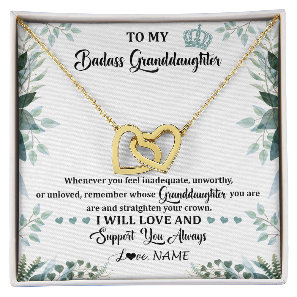 Interlocking Hearts Necklace 18K Yellow Gold Finish | 1 | Personalized To My Badass Granddaughter Necklace From Grandma Grandpa Straighten Your Crown Granddaughter Birthday Christmas Customized Gift Box Message Card | siriusteestore