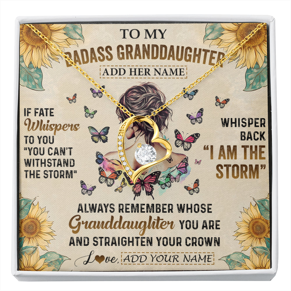 Forever Love Necklace 18K Yellow Gold Finish | 1 | Personalized To My Badass Granddaughter Necklace From Grandpa Papa I Am The Storm Granddaughter Gifts Birthday Christmas Customized Gift Box Message Card | siriusteestore