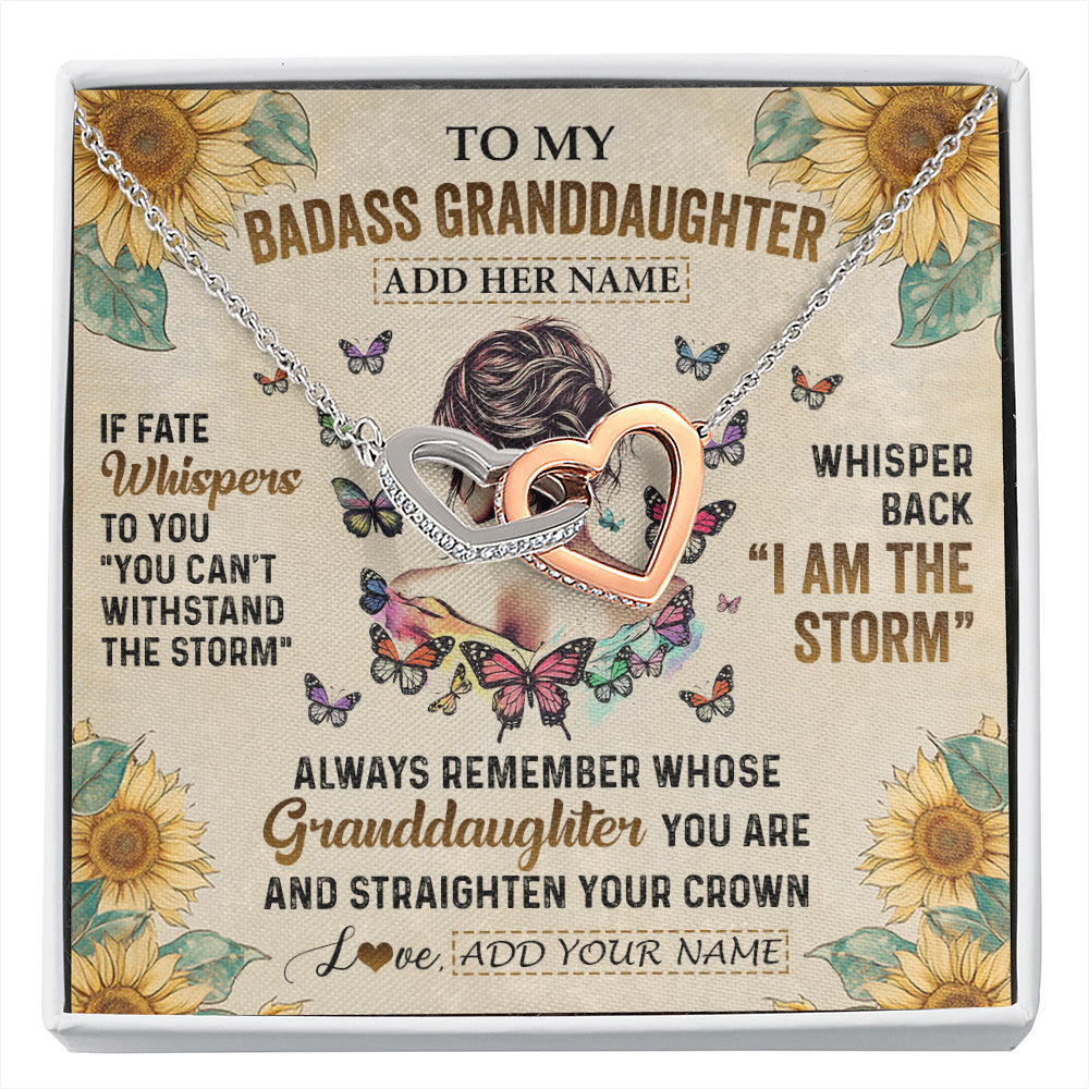 Interlocking Hearts Necklace Stainless Steel & Rose Gold Finish | 1 | Personalized To My Badass Granddaughter Necklace From Grandpa Papa I Am The Storm Granddaughter Gifts Birthday Christmas Customized Gift Box Message Card | siriusteestore