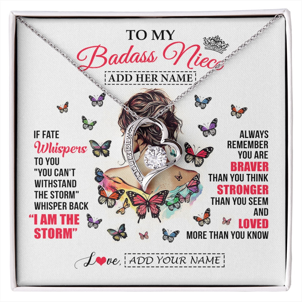 Forever Love Necklace 14K White Gold Finish | 1 | Personalized To My Badass Niece From Uncle Aunt Auntie Necklace I Am The Storm Niece Gifts Birthday Graduation Christmas Custom Gift Box Message Card | https://siriusteestore.