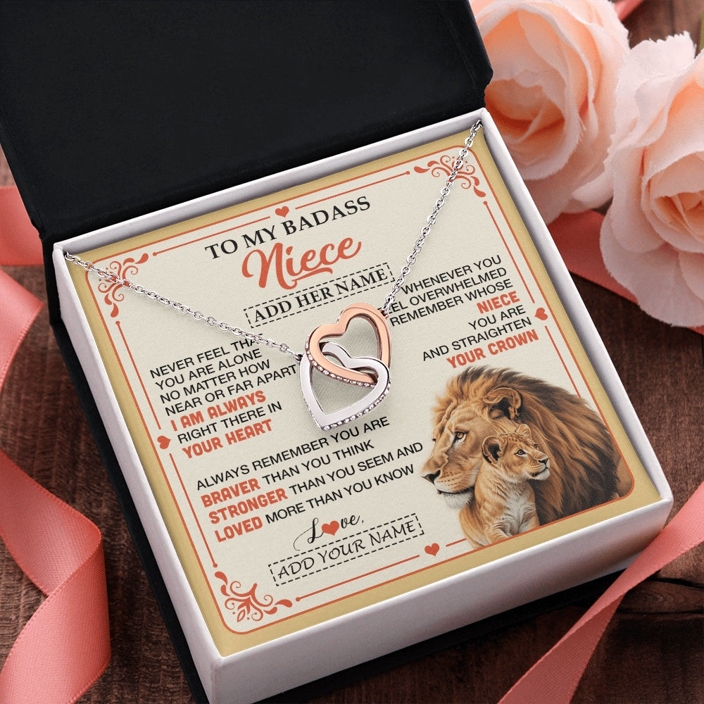 Interlocking Hearts Necklace Stainless Steel & Rose Gold Finish | 2 | Personalized To My Badass Niece Gifts From Aunt Uncle Necklace Lion Jewelry Gifts Present Ideas For Niece Birthday Graduation Christmas Gift Box Message Card | https://siriusteestore.