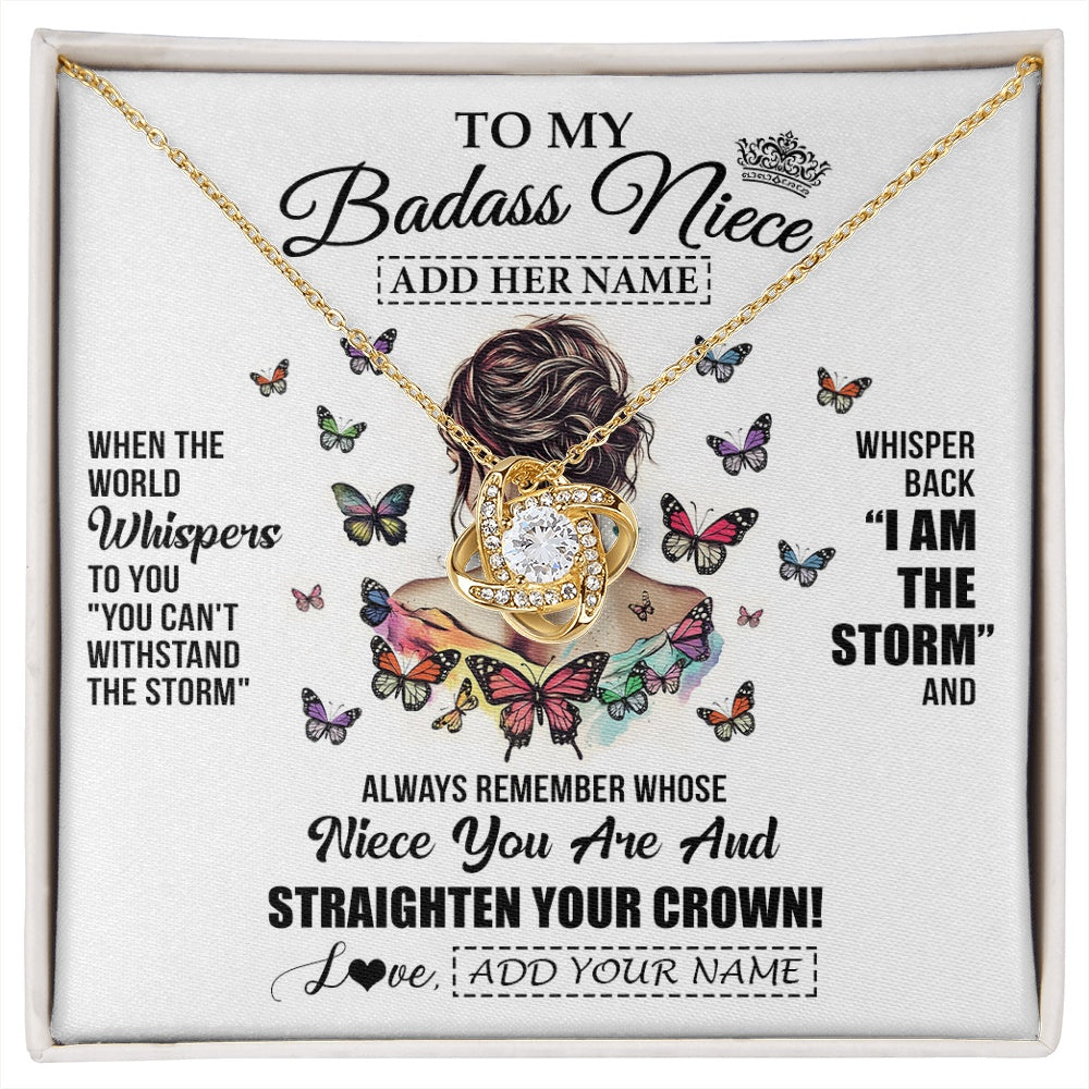 Love Knot Necklace 18K Yellow Gold Finish | 1 | Personalized To My Badass Niece I Am The Storm Necklace From Uncle Aunt Auntie Beautiful Niece Birthday Gifts Graduation Christmas Gift Box Message Card | https://siriusteestore.
