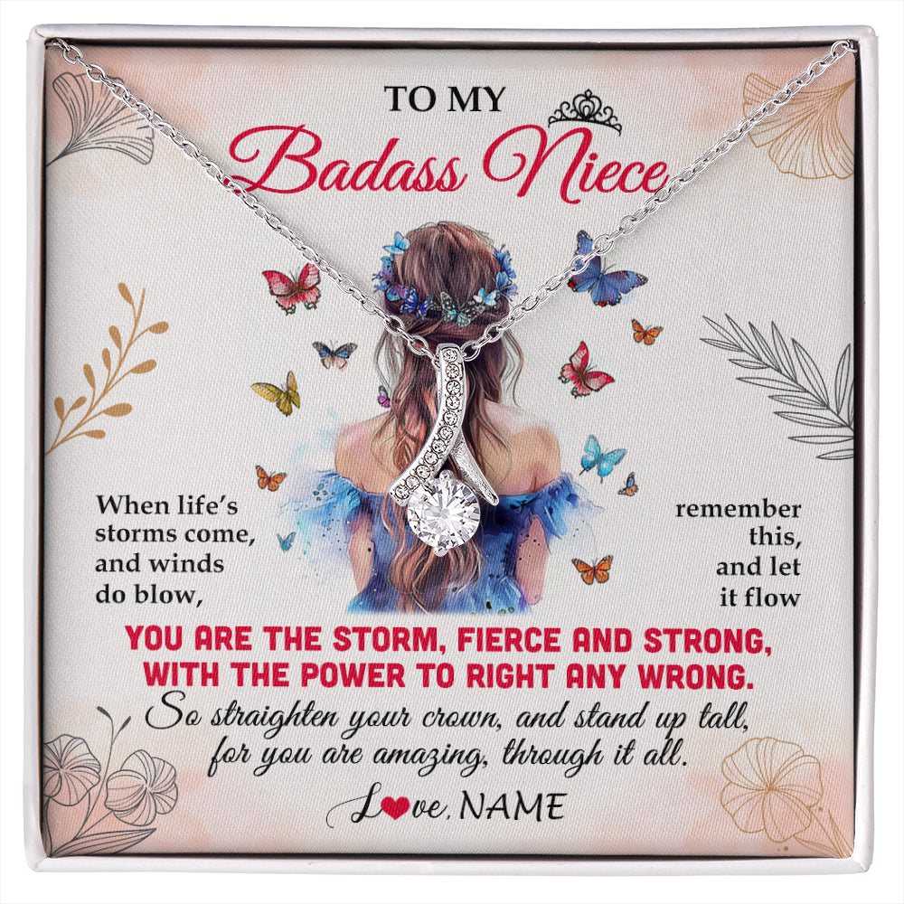 Alluring Beauty Necklace 14K White Gold Finish | 1 | Personalized To My Badass Niece Necklace From Aunt Auntie Uncle Floral Butterfly Niece Birthday Gifts Graduation Christmas Customized Gift Box Message Card | siriusteestore