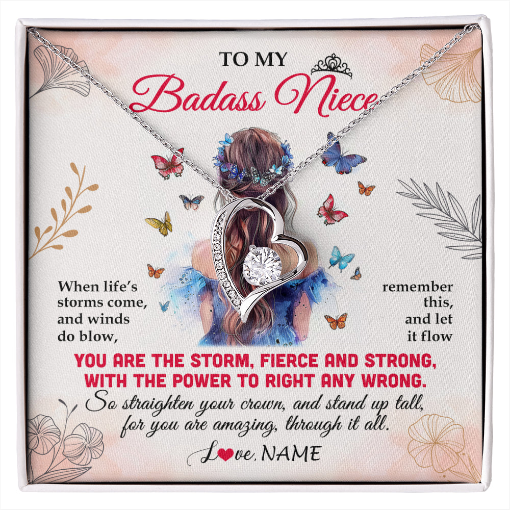 Forever Love Necklace 14K White Gold Finish | 1 | Personalized To My Badass Niece Necklace From Aunt Auntie Uncle Floral Butterfly Niece Birthday Gifts Graduation Christmas Customized Gift Box Message Card | siriusteestore