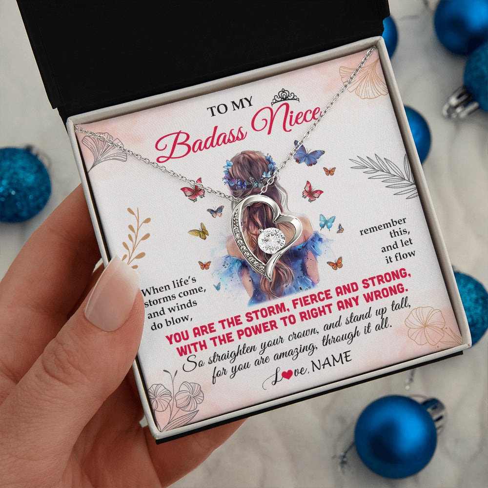 Forever Love Necklace 14K White Gold Finish | 2 | Personalized To My Badass Niece Necklace From Aunt Auntie Uncle Floral Butterfly Niece Birthday Gifts Graduation Christmas Customized Gift Box Message Card | siriusteestore