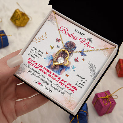 Forever Love Necklace 18K Yellow Gold Finish | 2 | Personalized To My Badass Niece Necklace From Aunt Auntie Uncle Floral Butterfly Niece Birthday Gifts Graduation Christmas Customized Gift Box Message Card | siriusteestore
