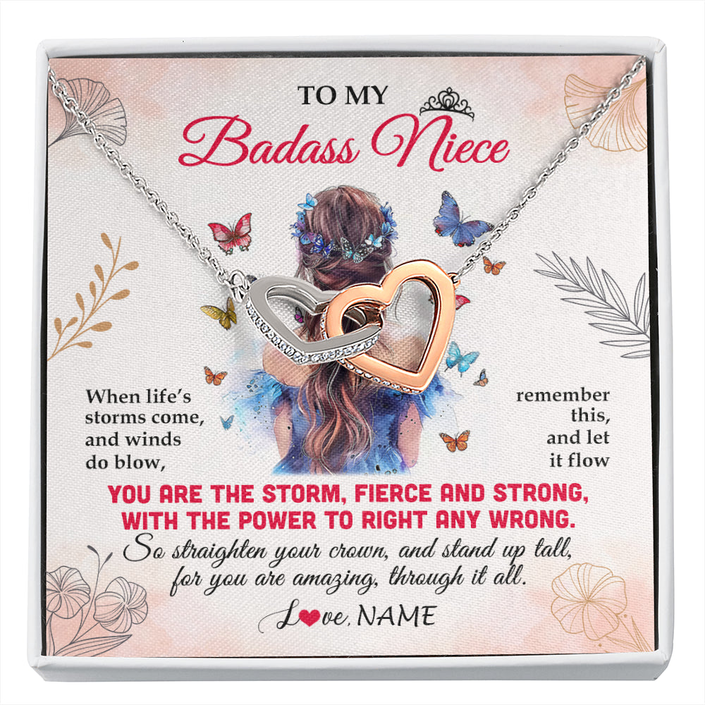 Interlocking Hearts Necklace Stainless Steel & Rose Gold Finish | 1 | Personalized To My Badass Niece Necklace From Aunt Auntie Uncle Floral Butterfly Niece Birthday Gifts Graduation Christmas Customized Gift Box Message Card | siriusteestore