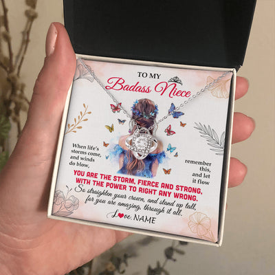 Love Knot Necklace 14K White Gold Finish | 2 | Personalized To My Badass Niece Necklace From Aunt Auntie Uncle Floral Butterfly Niece Birthday Gifts Graduation Christmas Customized Gift Box Message Card | siriusteestore