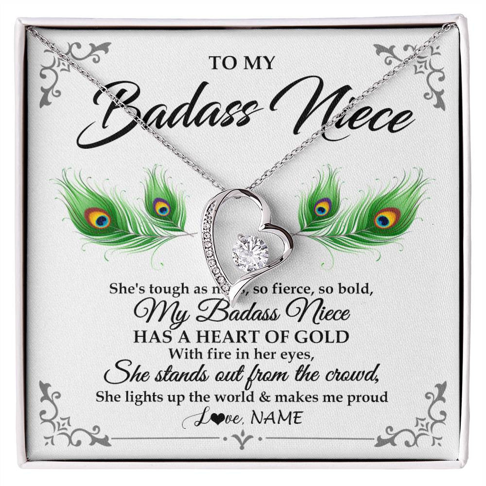 Forever Love Necklace 14K White Gold Finish | 1 | Personalized To My Badass Niece Necklace From Aunt Uncle Love You Always Niece Jewelry Birthday Gift Graduation Christmas Customized Gift Box Message Card | siriusteestore