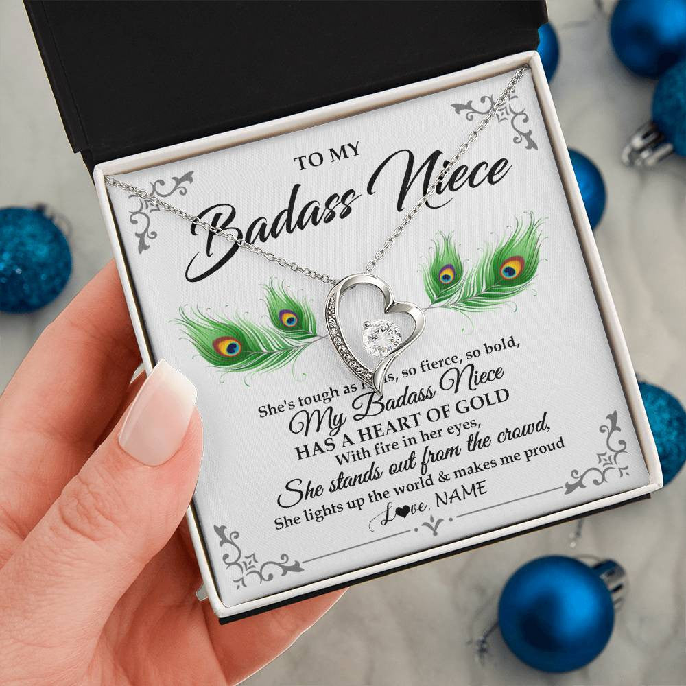 Forever Love Necklace 14K White Gold Finish | 2 | Personalized To My Badass Niece Necklace From Aunt Uncle Love You Always Niece Jewelry Birthday Gift Graduation Christmas Customized Gift Box Message Card | siriusteestore