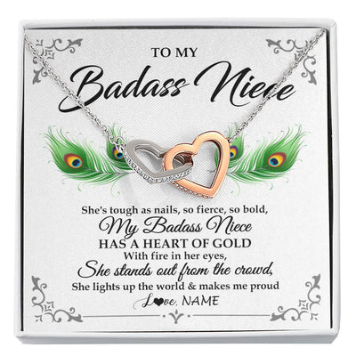 Interlocking Hearts Necklace Stainless Steel & Rose Gold Finish | 1 | Personalized To My Badass Niece Necklace From Aunt Uncle Love You Always Niece Jewelry Birthday Gift Graduation Christmas Customized Gift Box Message Card | siriusteestore