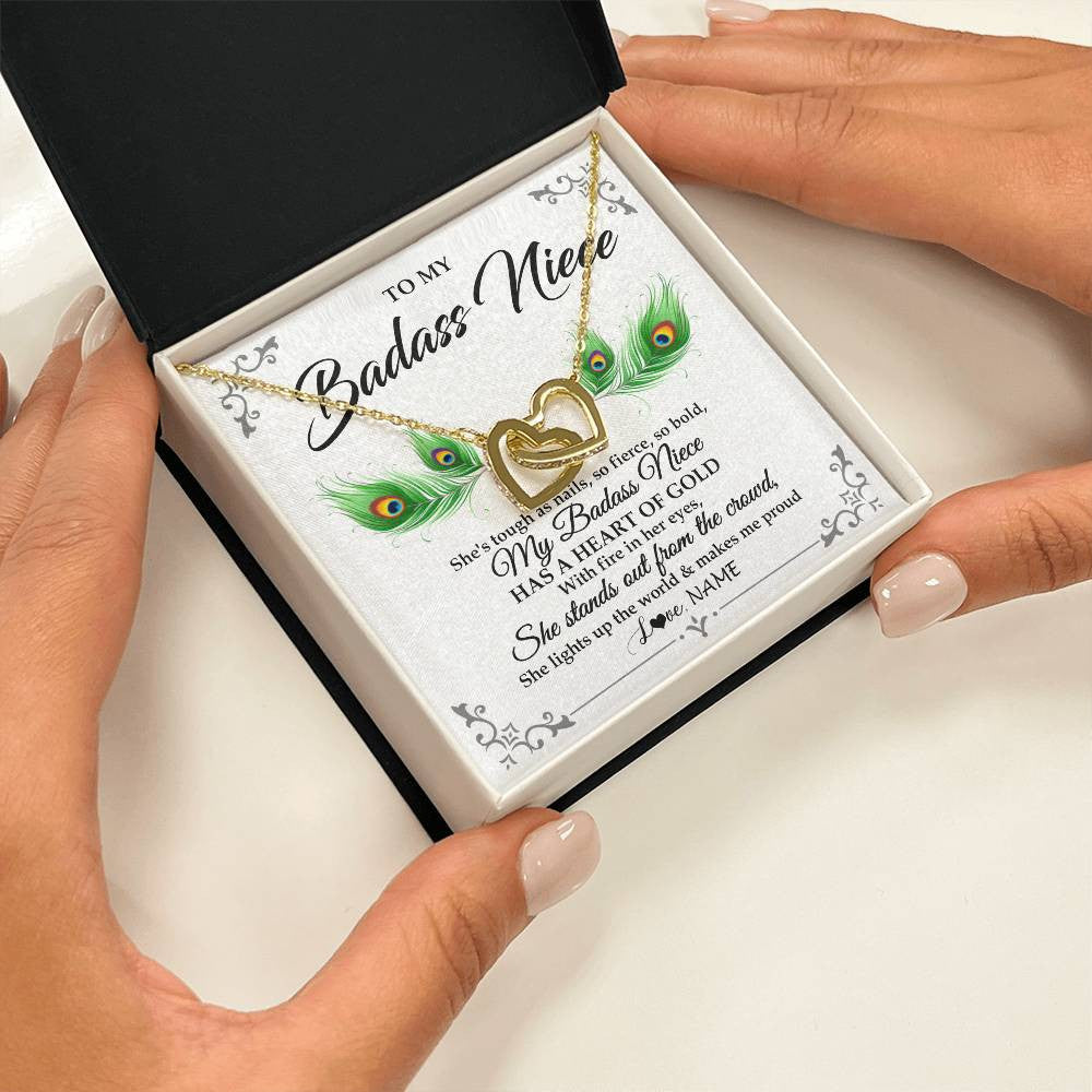 Interlocking Hearts Necklace 18K Yellow Gold Finish | 2 | Personalized To My Badass Niece Necklace From Aunt Uncle Love You Always Niece Jewelry Birthday Gift Graduation Christmas Customized Gift Box Message Card | siriusteestore