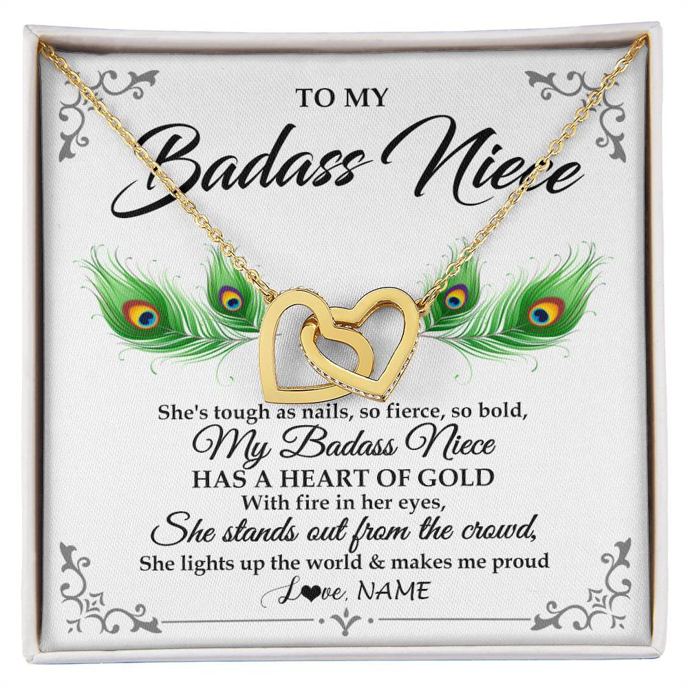 Interlocking Hearts Necklace 18K Yellow Gold Finish | 1 | Personalized To My Badass Niece Necklace From Aunt Uncle Love You Always Niece Jewelry Birthday Gift Graduation Christmas Customized Gift Box Message Card | siriusteestore