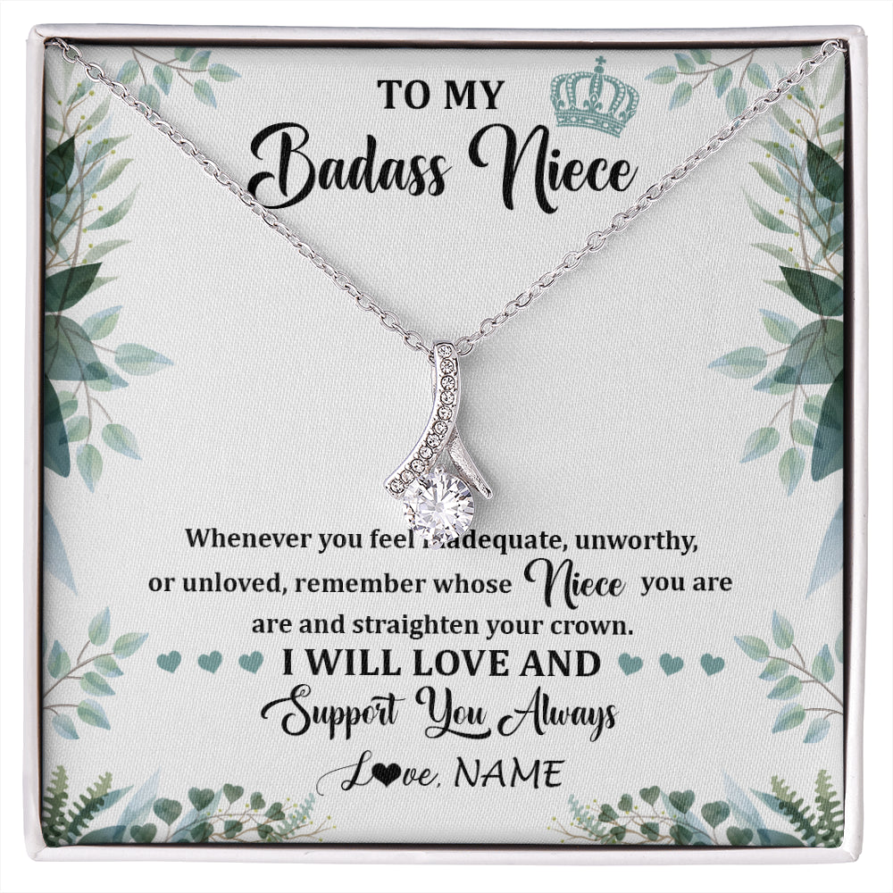 Alluring Beauty Necklace 14K White Gold Finish | 1 | Personalized To My Badass Niece Necklace From Aunt Uncle Straighten Your Crown Niece Birthday Jewelry Graduation Christmas Customized Gift Box Message Card | siriusteestore