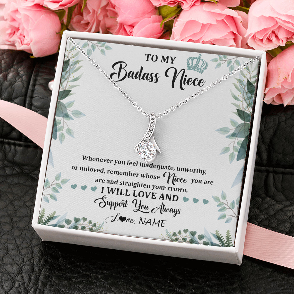 Alluring Beauty Necklace 14K White Gold Finish | 2 | Personalized To My Badass Niece Necklace From Aunt Uncle Straighten Your Crown Niece Birthday Jewelry Graduation Christmas Customized Gift Box Message Card | siriusteestore