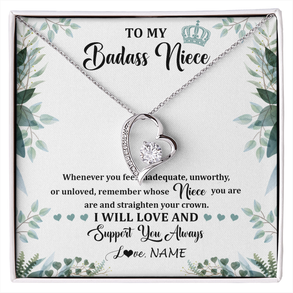 Forever Love Necklace 14K White Gold Finish | 1 | Personalized To My Badass Niece Necklace From Aunt Uncle Straighten Your Crown Niece Birthday Jewelry Graduation Christmas Customized Gift Box Message Card | siriusteestore