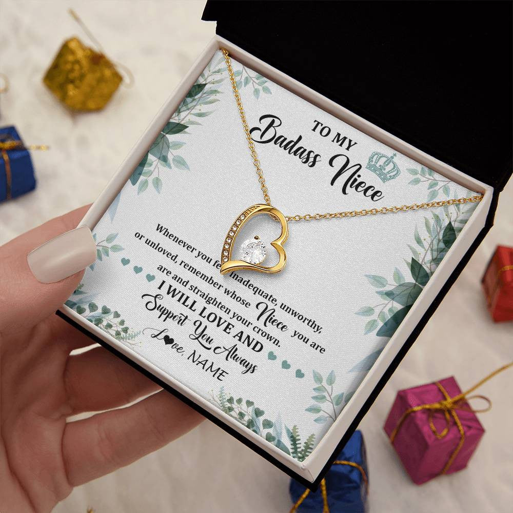 Forever Love Necklace 18K Yellow Gold Finish | 2 | Personalized To My Badass Niece Necklace From Aunt Uncle Straighten Your Crown Niece Birthday Jewelry Graduation Christmas Customized Gift Box Message Card | siriusteestore