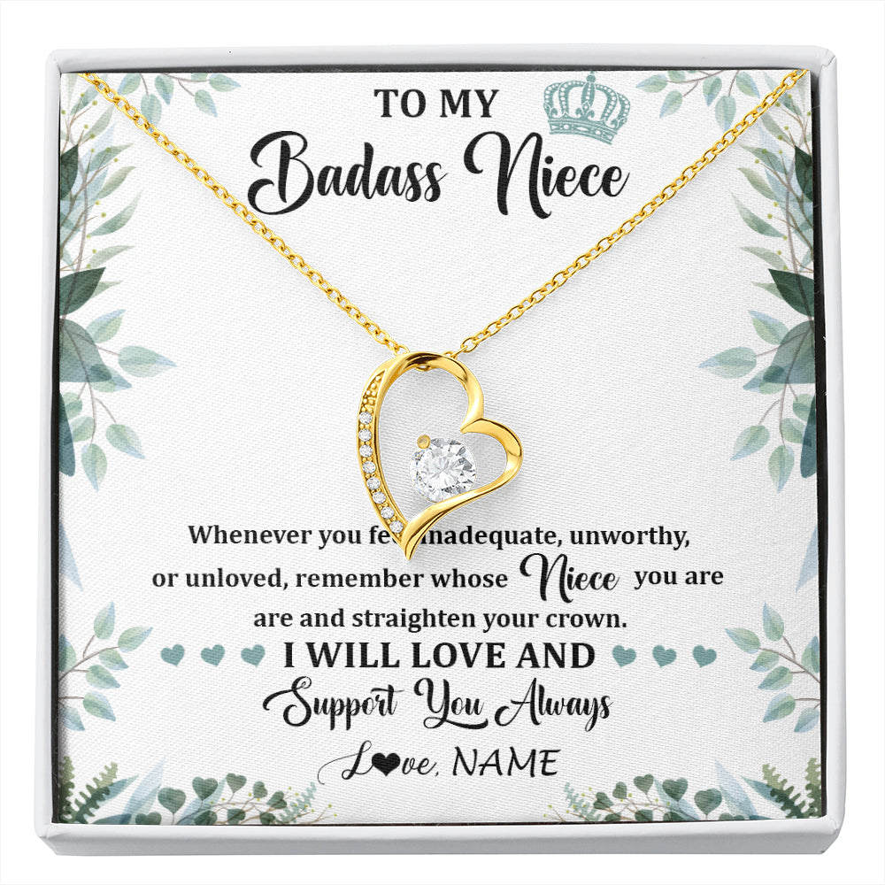 Forever Love Necklace 18K Yellow Gold Finish | 1 | Personalized To My Badass Niece Necklace From Aunt Uncle Straighten Your Crown Niece Birthday Jewelry Graduation Christmas Customized Gift Box Message Card | siriusteestore