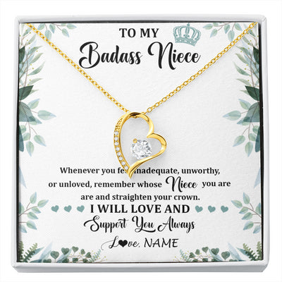 Forever Love Necklace 18K Yellow Gold Finish | 1 | Personalized To My Badass Niece Necklace From Aunt Uncle Straighten Your Crown Niece Birthday Jewelry Graduation Christmas Customized Gift Box Message Card | siriusteestore