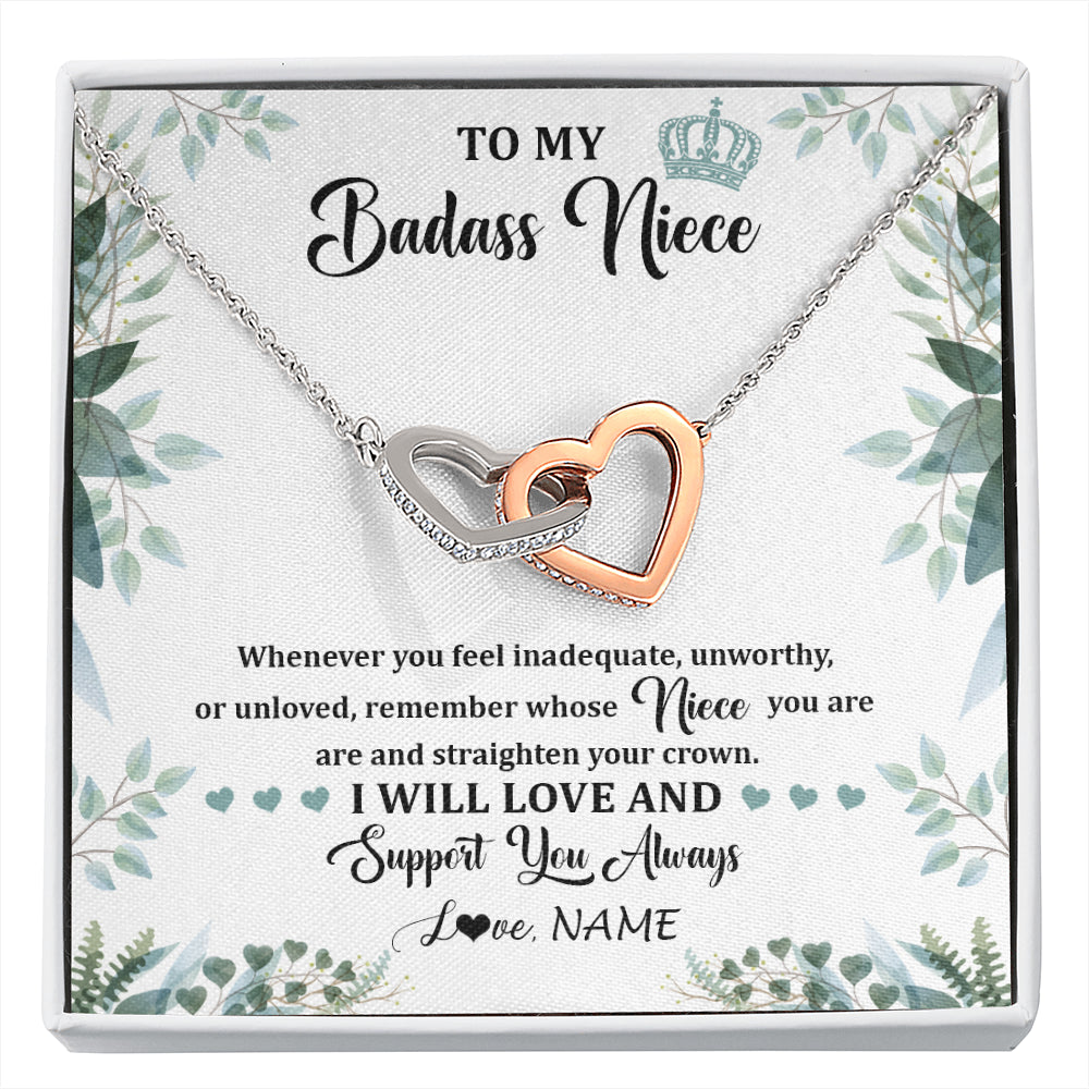 Interlocking Hearts Necklace Stainless Steel & Rose Gold Finish | 1 | Personalized To My Badass Niece Necklace From Aunt Uncle Straighten Your Crown Niece Birthday Jewelry Graduation Christmas Customized Gift Box Message Card | siriusteestore