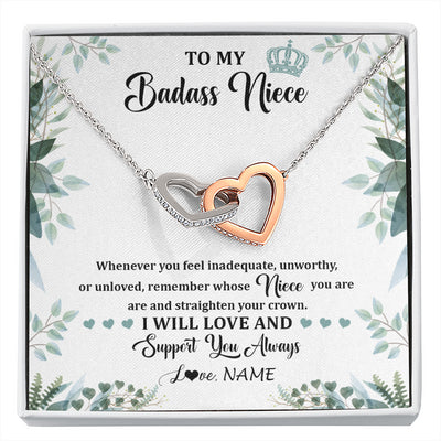 Interlocking Hearts Necklace Stainless Steel & Rose Gold Finish | 1 | Personalized To My Badass Niece Necklace From Aunt Uncle Straighten Your Crown Niece Birthday Jewelry Graduation Christmas Customized Gift Box Message Card | siriusteestore