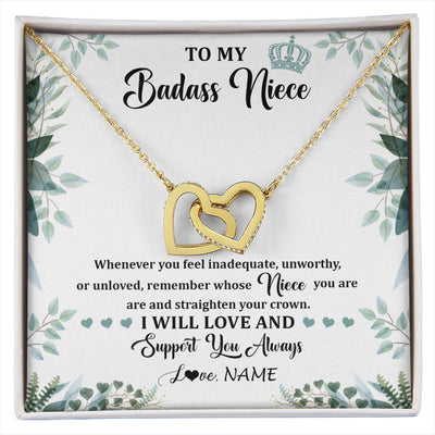 Interlocking Hearts Necklace 18K Yellow Gold Finish | 1 | Personalized To My Badass Niece Necklace From Aunt Uncle Straighten Your Crown Niece Birthday Jewelry Graduation Christmas Customized Gift Box Message Card | siriusteestore