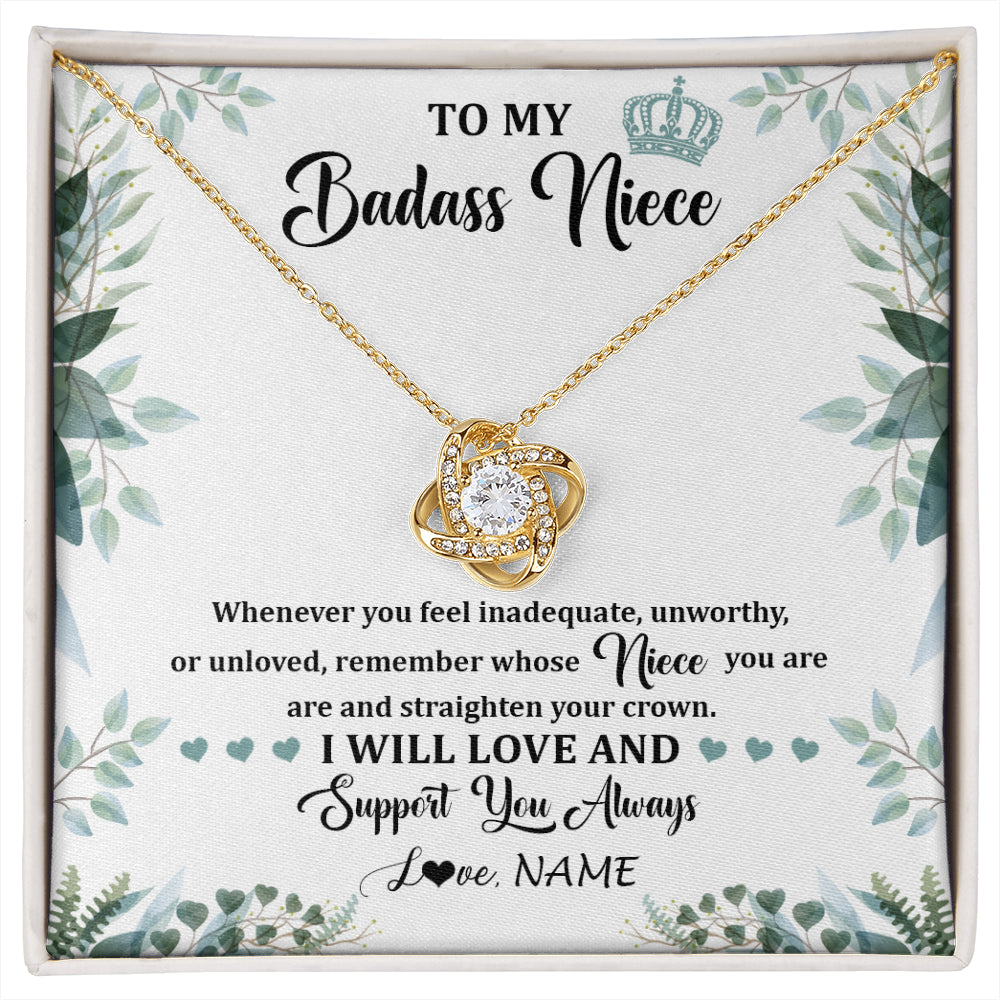 Love Knot Necklace 18K Yellow Gold Finish | 1 | Personalized To My Badass Niece Necklace From Aunt Uncle Straighten Your Crown Niece Birthday Jewelry Graduation Christmas Customized Gift Box Message Card | siriusteestore