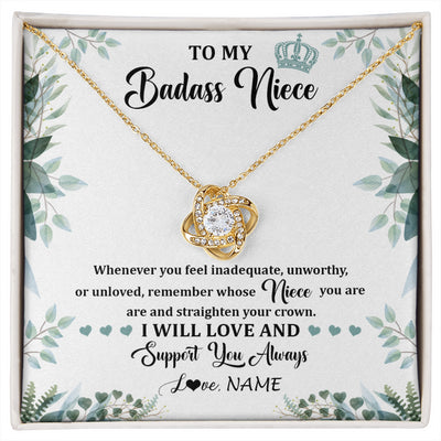 Love Knot Necklace 18K Yellow Gold Finish | 1 | Personalized To My Badass Niece Necklace From Aunt Uncle Straighten Your Crown Niece Birthday Jewelry Graduation Christmas Customized Gift Box Message Card | siriusteestore